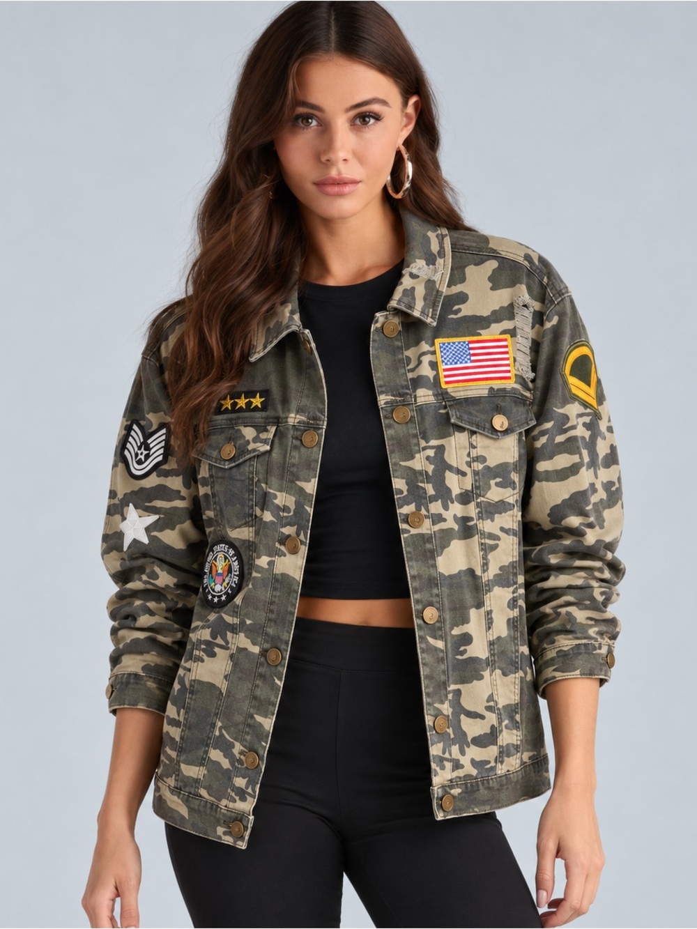 Ashley Mason Camo Military Patch Distressed Utility Jacket NWT